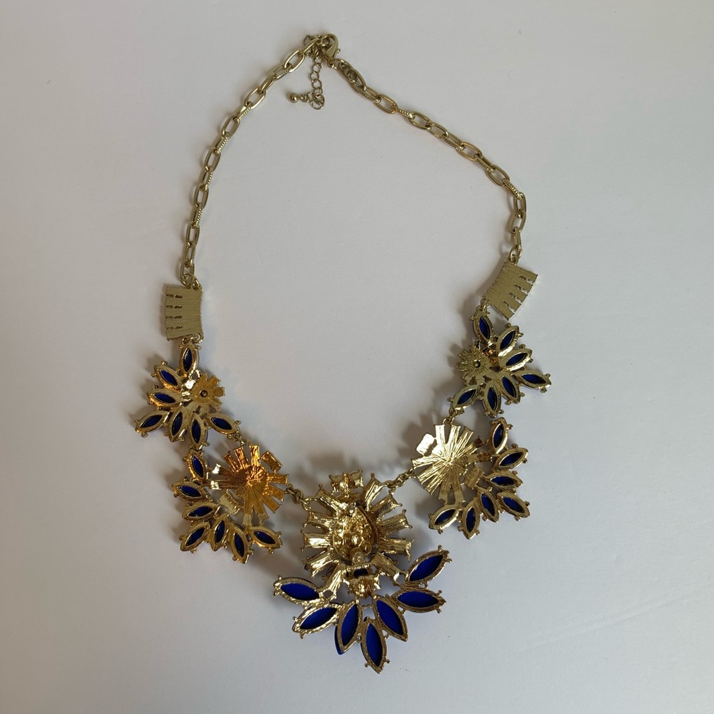 Gold Cobalt Blue Rhinestone Statement Necklace - image 5